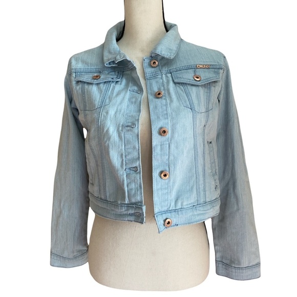 Donna Karan Jackets & Blazers - DKNY metallic rose gold logo & buttons stretch wash denim jacket misses XL